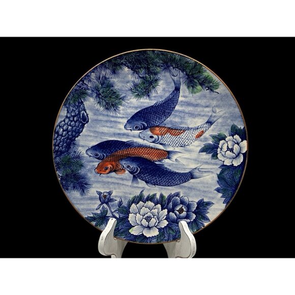 Japanese Vintage Koi Fish and Lotus Blue 12" Charger/Small Platter Collectible - Picture 12 of 14